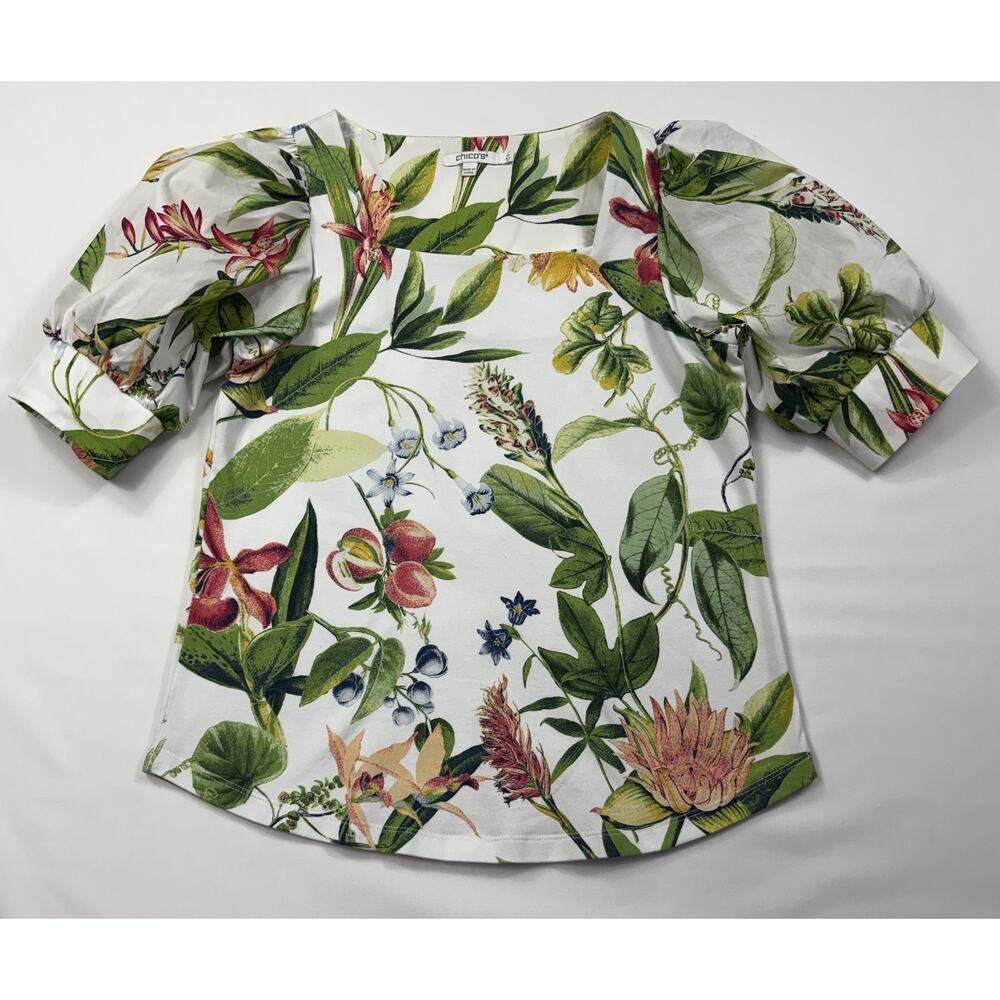 Chico's Floral Tropical Blouse size 0 US M puff sleeve square neck cotton blend - Picture 2 of 10
